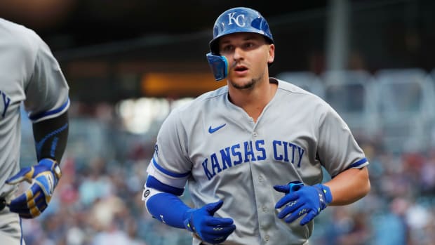 Aug 15, 2022; Minneapolis, Minnesota, USA; Kansas City Royals designated hitter Vinnie Pasquantino (9) celebrates a two-run home run against the Minnesota Twins in the first inning at Target Field. Mandatory Credit: Bruce Kluckhohn-USA TODAY Sports